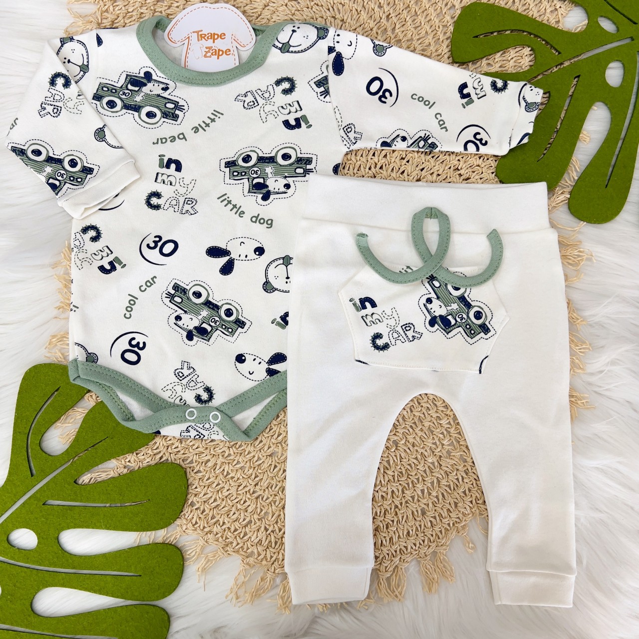 Conj. Body Manga Longa e Calça Cool Car - Off White e Verde